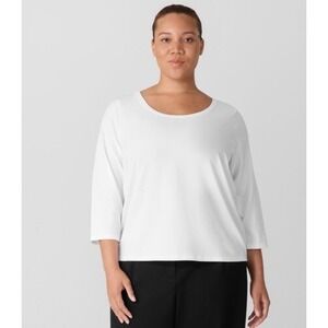 Eileen Fisher Stretch Jersey Knit Scoop Neck Top  White 3/4 Sleeve Women's‎ 2X